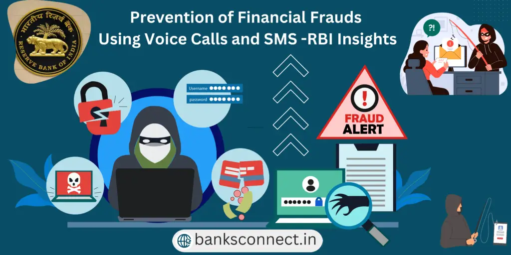 "Prevention of Financial Frauds Using Voice Calls and SMS - RBI Insights. A graphic featuring the RBI logo, fraud alert warning signs, a masked hacker illustration, broken padlock, phishing scenarios, and secure login imagery."