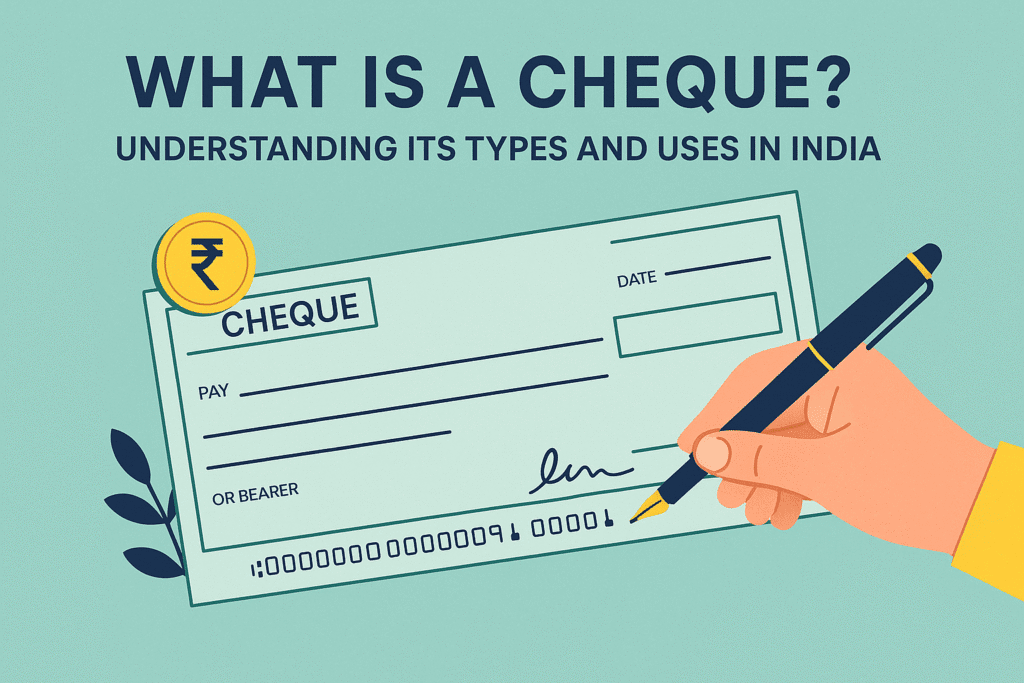 Illustration of an Indian cheque being filled out, with labeled sections such as date, payee name, amount, and signature, accompanied by a Rupee symbol coin and bold title reading "What is a Cheque? Understanding Its Types and Uses in India".