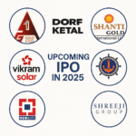 A digital graphic featuring logos of six Indian companies—Gold Steel, Dorf Ketal, Shanti Gold International Ltd., Vikram Solar, HDB Financial Services, and Shreeji Group—arranged in a 2x3 grid. Below the logos, bold blue text reads “UPCOMING IPO IN 2025.” The image is set against a clean white background and conveys a professional announcement regarding forthcoming IPOs.
