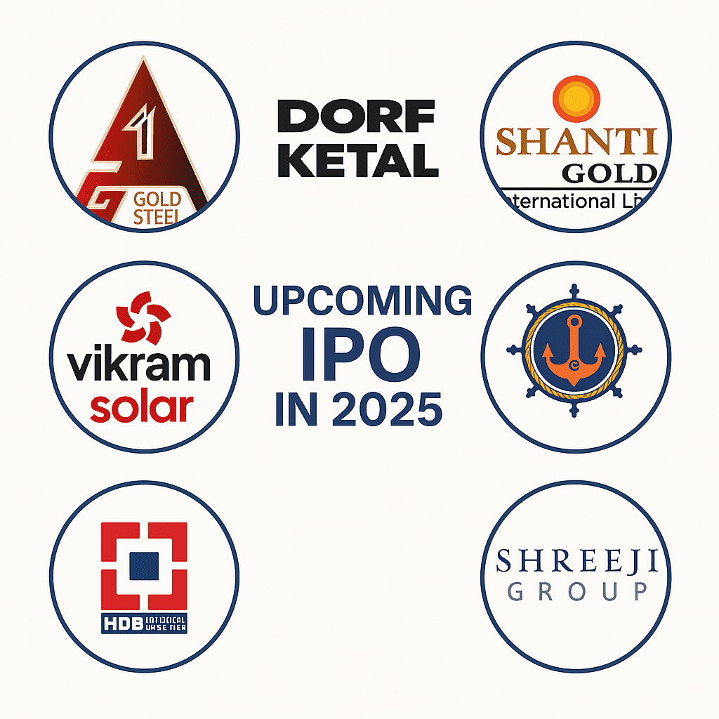 A digital graphic featuring logos of six Indian companies—Gold Steel, Dorf Ketal, Shanti Gold International Ltd., Vikram Solar, HDB Financial Services, and Shreeji Group—arranged in a 2x3 grid. Below the logos, bold blue text reads “UPCOMING IPO IN 2025.” The image is set against a clean white background and conveys a professional announcement regarding forthcoming IPOs.