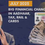 Image showing Indian Prime Minister with text highlighting major financial changes from July 2025 in Aadhaar, tax, railways, and banking cards, alongside visuals of Aadhaar card, PAN card, and Indian currency notes