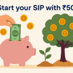 Illustration of starting SIP with ₹500 showing a hand putting ₹500 note into a piggy bank, with coins and a growing tree symbolizing wealth creation through mutual funds.