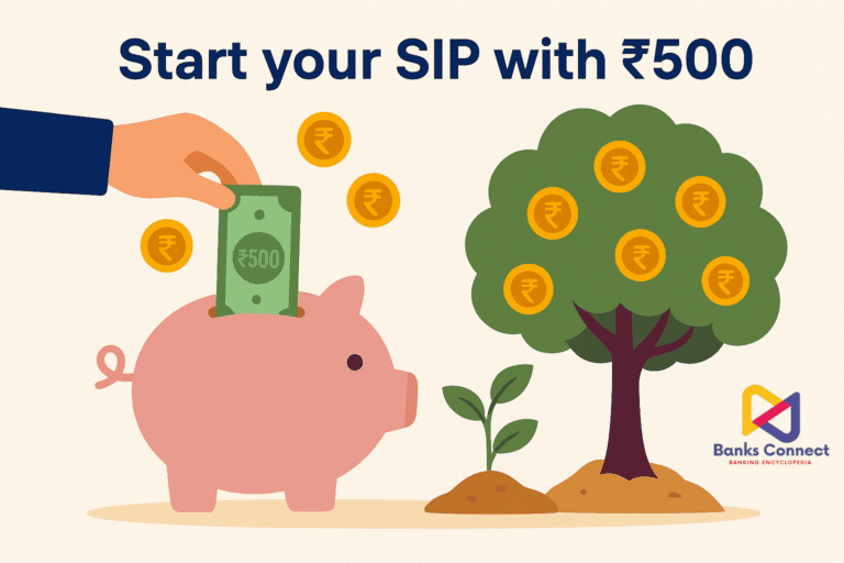 Illustration of starting SIP with ₹500 showing a hand putting ₹500 note into a piggy bank, with coins and a growing tree symbolizing wealth creation through mutual funds.