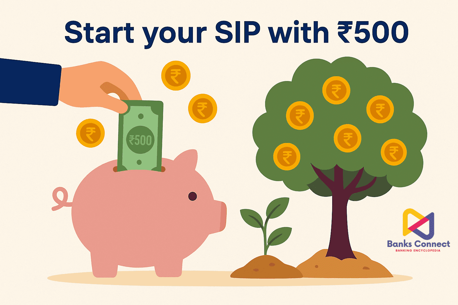 Illustration of starting SIP with ₹500 showing a hand putting ₹500 note into a piggy bank, with coins and a growing tree symbolizing wealth creation through mutual funds.