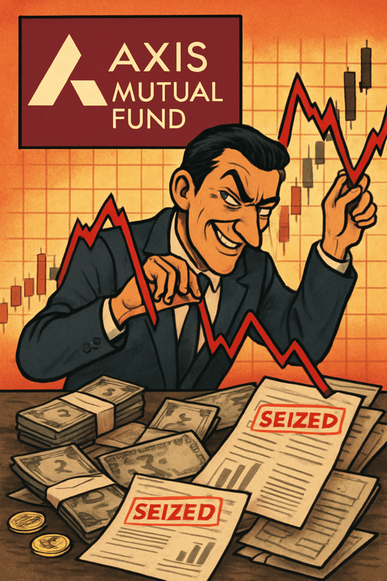 Visual representation of the Axis Mutual Fund scam, showing stacks of seized currency, financial documents, and the name Viresh Joshi to highlight financial fraud, asset seizure, and the central figure in the ED’s investigation.