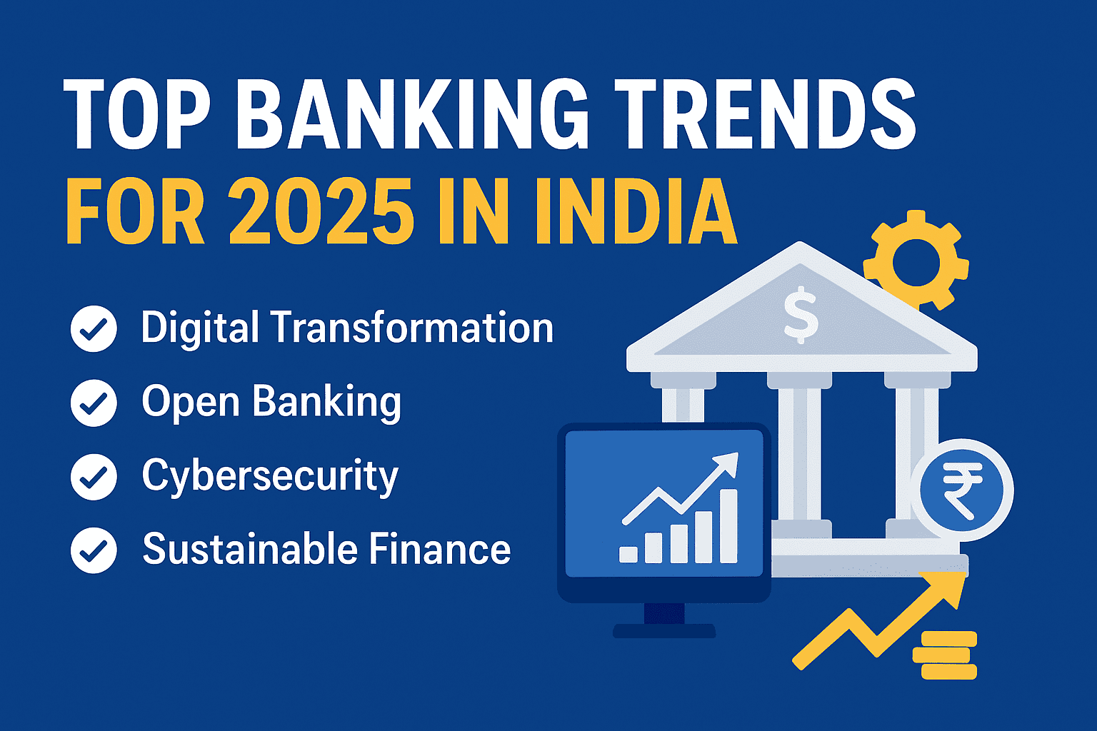 op Banking Trends for 2025 in India” with a blue background. The left side lists trends: Digital Transformation, Open Banking, Cybersecurity, and Sustainable Finance with check marks. The right side shows a classical bank icon, a rupee symbol, a bar graph on a computer screen, and a yellow upward arrow representing growth