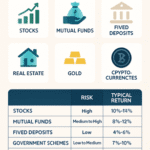 Infographic showing various investment options available in India in 2025 including stocks, mutual funds, fixed deposits, government schemes, real estate, gold, and alternative investments with a summary table of risk levels and typical returns