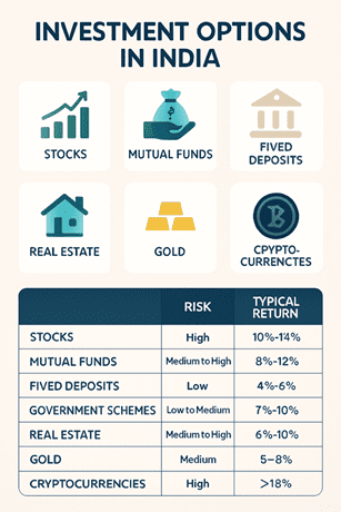 Infographic showing various investment options available in India in 2025 including stocks, mutual funds, fixed deposits, government schemes, real estate, gold, and alternative investments with a summary table of risk levels and typical returns