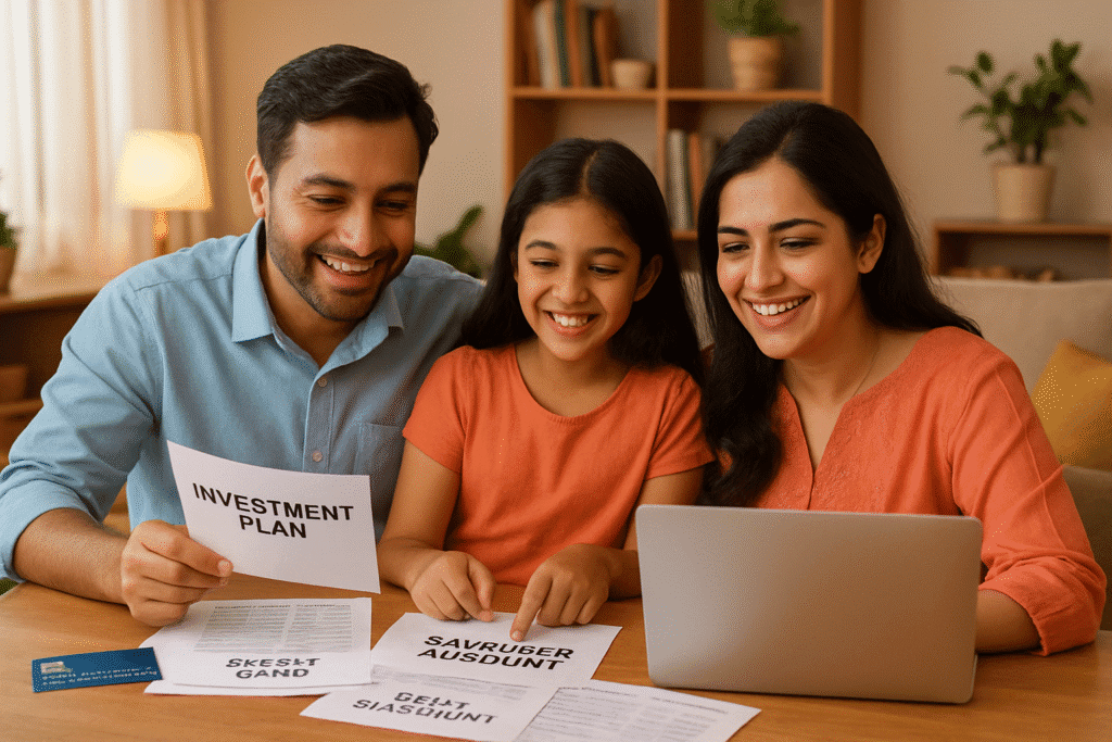 Indian family happily managing finances with laptop and bank documents, illustrating banking products and financial planning in India"