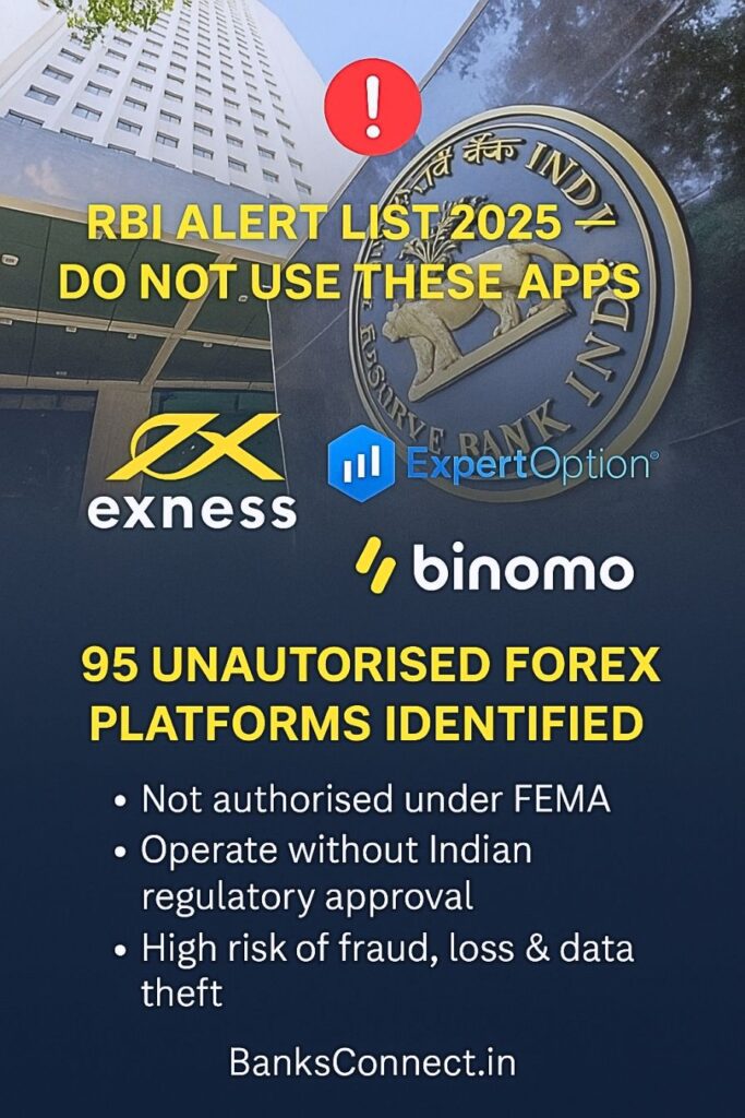 Infographic showing RBI Alert List 2025 titled ‘Do Not Use These Apps,’ featuring logos of Exness, ExpertOption, and Binomo over an image of the Reserve Bank of India building. The graphic warns about 95 unauthorised forex platforms, highlighting risks such as fraud, lack of FEMA authorisation, and no Indian regulatory approval, with a safety message from BanksConnect.in.