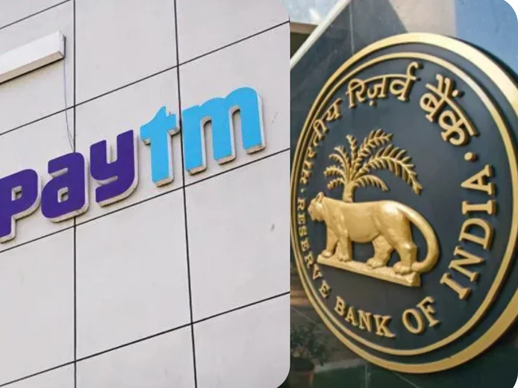 Collage showing the Paytm logo on a building exterior and the Reserve Bank of India (RBI) emblem, representing Paytm Payments Services receiving RBI authorization