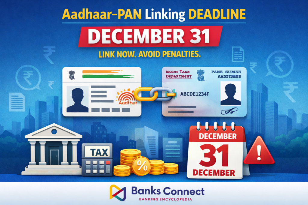 Aadhaar PAN linking deadline December 31 explained with banking and tax impact illustration by BanksConnect.in
