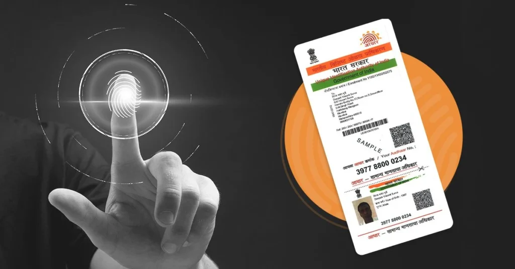 Aadhaar biometric authentication showing a fingerprint scan and Aadhaar card, representing digital identity verification in India