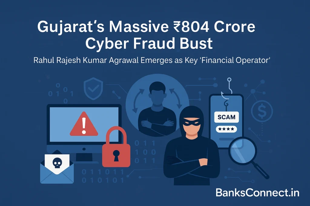 Featured image illustrating Gujarat’s ₹804 crore cyber fraud bust, showing cybercrime icons, scam alerts, masked fraudster graphics, and BanksConnect.in branding.
