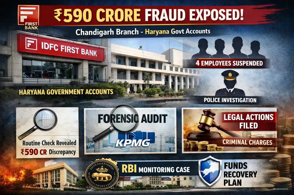 IDFC First Bank ₹590 crore fraud case at Chandigarh branch involving Haryana government accounts – investigation and RBI monitoring