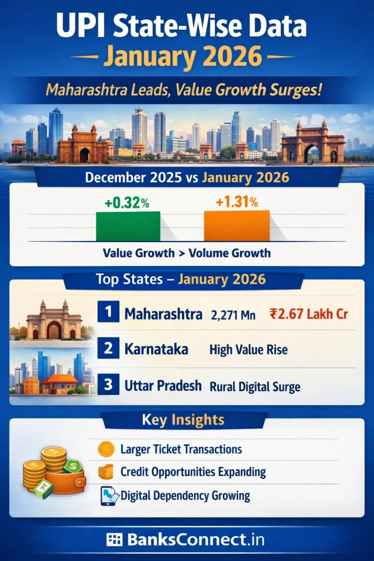 UPI State Wise Data January 2026 infographic showing Maharashtra leading with 2,271 million transactions and value growth of 1.31% higher than volume growth.