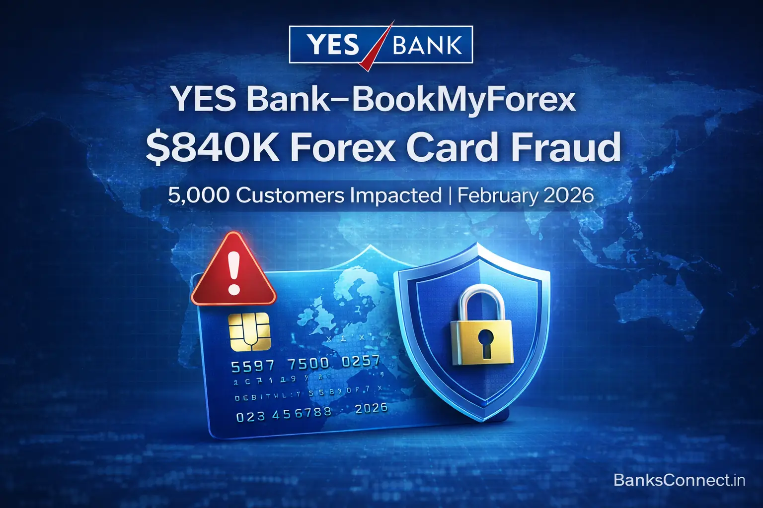 YES Bank BookMyForex $840K forex card fraud impacting 5000 customers February 2026